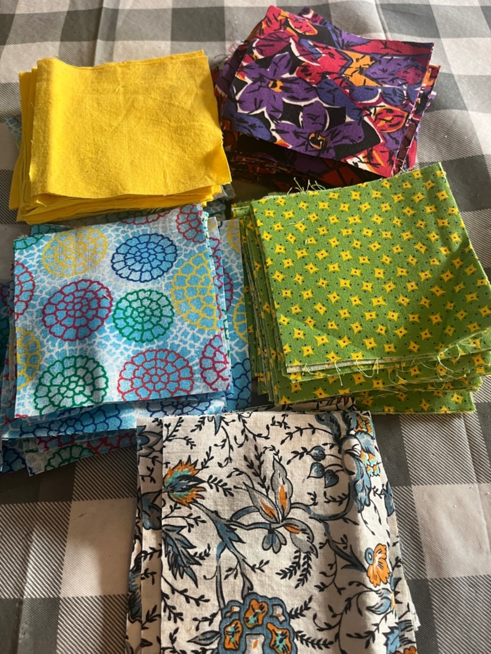 Funky Colorful Cotton Fabric Squares - Yellow, Purple, Blue, Green, Cream